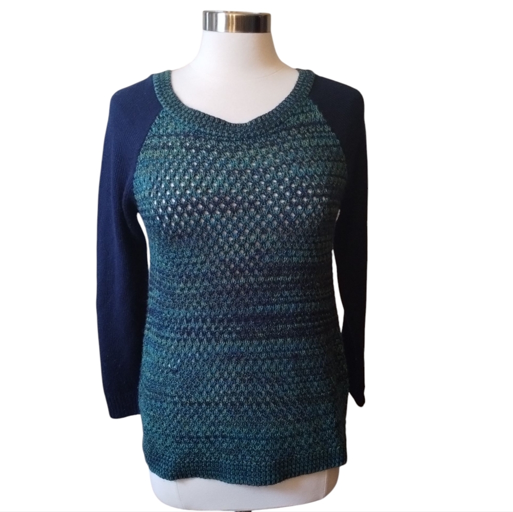 New Directions Navy and Teal Crew Neck Sweater Medium